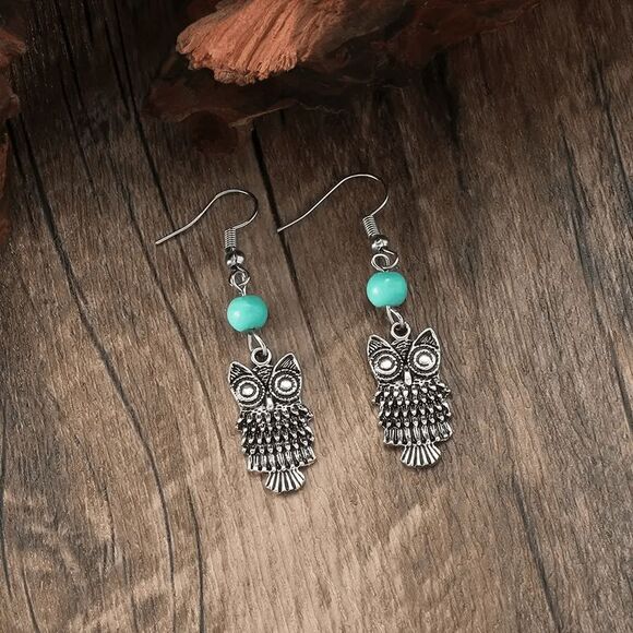 Boho Turquoise Owl Dangle Earrings - Picture 1 of 8